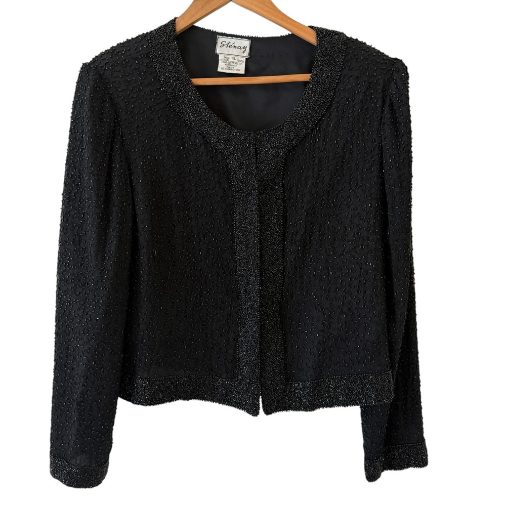 Vintage Stenay Silk Beaded Lace Jacket Womens XL Black Evening Retro Formal